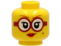 LEGO onderdeel Minifigure, Head Female Dark Orange Eyebrows, Glasses Round with White Lenses and Dark Red Frames, Beauty Mark, Red Lips, Smile Pattern - Hollow Stud 3626pb2725