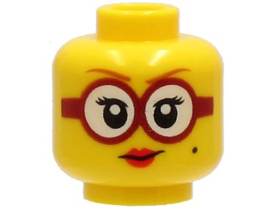 LEGO part Minifigure, Head Female Dark Orange Eyebrows, Glasses Round with White Lenses and Dark Red Frames, Beauty Mark, Red Lips, Smile Pattern - Hollow Stud (3626pb2725)