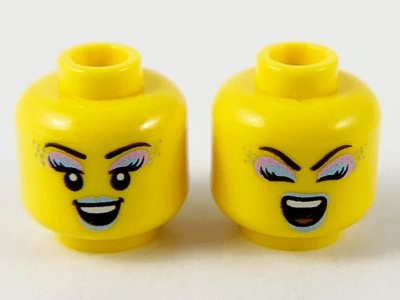 LEGO part Minifigure, Head Dual Sided Female, Metallic Light Blue and Purple Eye Shadow and Lips, Open Smile / Singing Eyes Closed Open Mouth Pattern - Hollow Stud (3626pb2739)