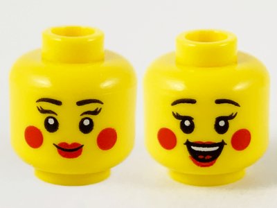 LEGO part Minifigure, Head Dual Sided Female Black Eyebrows, Eyelashes, Red Lips and Circles on Cheeks, Grin / Open Mouth Smile with Top Teeth and Tongue Pattern - Hollow Stud (3626pb2745)