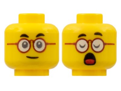 LEGO part Minifigure, Head Dual Sided, Black Eyebrows, Dark Red Round Glasses, Neutral / Closed Eyes and Open Mouth with Red Tongue Pattern - Hollow Stud (3626pb2857)