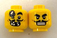 LEGO onderdeel Minifigure, Head Dual Sided Black Eyebrows, Moustache, Open Mouth Grin, White Teeth / Bandage on Forehead Pattern - Hollow Stud 3626pb2900