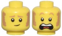 LEGO part Minifigure, Head Dual Sided Medium Nougat Eyebrows and Sideburns, Worried Lopsided Grin / Scared Open Mouth with Top Teeth and Red Tongue Pattern - Hollow Stud 3626pb2903