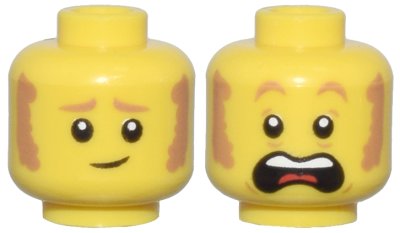 LEGO part Minifigure, Head Dual Sided Medium Nougat Eyebrows and Sideburns, Worried Lopsided Grin / Scared Open Mouth with Top Teeth and Red Tongue Pattern - Hollow Stud (3626pb2903)
