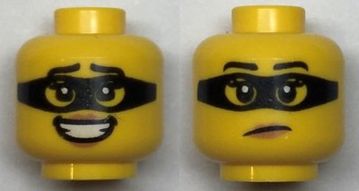 LEGO part Minifigure, Head Dual Sided Female Black Eyebrows and Mask, Medium Nougat Lips, and Open Mouth Smile with Teeth / Frown Pattern - Hollow Stud (3626pb2956)