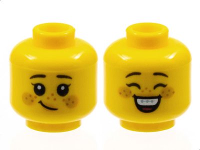 LEGO part Minifigure, Head Dual Sided Child Female Black Eyebrows, Eyelashes, Bright Light Orange Lips and Circles on Cheeks, Medium Nougat Freckles, Lopsided Grin / Closed Eyes and Open Mouth Smile with Top Teeth, Braces, and Red Tongue Pattern - Hollow Stud (3626pb2962)