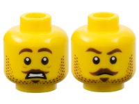 LEGO part Minifigure, Head Dual Sided Male Dark Brown Eyebrows, Moustache, Soul Patch, and Beard Stubble, Worried Open Mouth with Teeth / Stern Pattern - Hollow Stud 3626pb3214