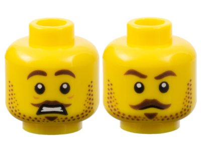 LEGO part Minifigure, Head Dual Sided Male Dark Brown Eyebrows, Moustache, Soul Patch, and Beard Stubble, Worried Open Mouth with Teeth / Stern Pattern - Hollow Stud (3626pb3214)