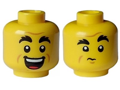 LEGO part Minifigure, Head Dual Sided Black Bushy Eyebrows, Forehead and Cheek Lines, Open Mouth Grin with Teeth / Closed Mouth, Chin Dimple Pattern - Hollow Stud (3626pb3222)