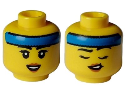 LEGO part Minifigure, Head Dual Sided Female Black Eyebrows and Eyelashes, Blue Headband, Open Smile / Closed Eyes, Lopsided Open Mouth Pattern - Hollow Stud (3626pb3223)