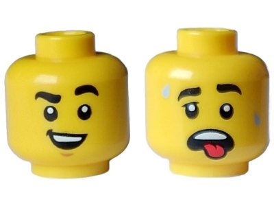 LEGO part Minifigure, Head Dual Sided Black Eyebrows, Smile with Teeth, Chin Dimple / Open Mouth, Red Tongue, Sweat Drops Pattern - Hollow Stud (3626pb3224)