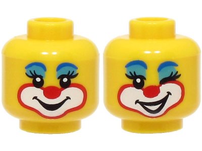 LEGO part Minifigure, Head Dual Sided Female Clown Blue Eyebrows, Medium Azure Eye Shadow, Red Nose, Smile / Open Mouth and Wink Pattern - Hollow Stud (BAM) (3626pb3324)