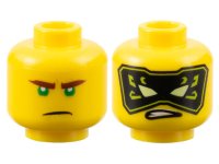 LEGO part Minifigure, Head Dual Sided Reddish Brown Eyebrows, Green Eyes, Frown / Black and Lime Mask with Yellowish Green Eyes Pattern - Vented Stud 3626pb3364
