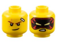 LEGO part Minifigure, Head Dual Sided Reddish Brown Eyebrows, Scar, Bandage, Lopsided Grin / Black and Red Mask with Bright Light Yellow Eyes, Scowl Pattern - Vented Stud 3626pb3366