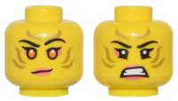 LEGO part Minifigure, Head Dual Sided Female Gold Stripes Face Paint, Coral Lips and Eye Shadow, Orange Eyes, Lopsided Grin / Bared Teeth Pattern - Vented Stud 3626pb3368