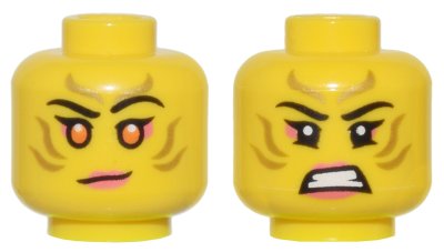 LEGO part Minifigure, Head Dual Sided Female Gold Stripes Face Paint, Coral Lips and Eye Shadow, Orange Eyes, Lopsided Grin / Bared Teeth Pattern - Vented Stud (3626pb3368)