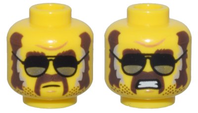 LEGO part Minifigure, Head Dual Sided Dark Brown Eyebrows, Sideburns, Moustache, and Stubble, Black and Silver Glasses, Closed Mouth / Open Mouth Scowl Pattern - Vented Stud (3626pb3369)