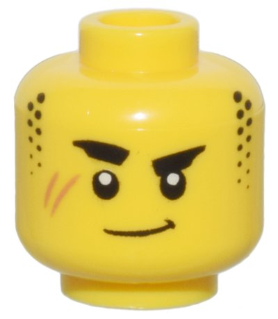 LEGO part Minifigure, Head Thick Black Eyebrows, Stubble Sideburns, Medium Nougat Scar, and Closed Mouth Lopsided Grin Pattern - Vented Stud (3626pb3372)