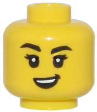 LEGO part Minifigure, Head Female, Black Eyebrows One Raised, White Pupils, and Open Mouth Crooked Smile Pattern - Vented Stud 3626pb3376