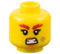 LEGO part Minifigure, Head Female Red Bushy Eyebrows, Orange Lips, Dark Tan Scuff Mark, and Bared Teeth Pattern - Vented Stud 3626pb3380