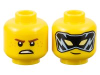 LEGO part Minifigure, Head Dual Sided Reddish Brown Eyebrows, Medium Nougat Freckles, Scowl / Black and Bright Light Blue Mask with Bright Light Yellow Eyes Pattern - Vented Stud 3626pb3403