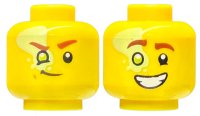 LEGO part Minifigure, Head Dual Sided Reddish Brown Eyebrows, Lime Right Eye with Yellowish Green Splotch, Smirk / Open Mouth Smile with Teeth Pattern - Vented Stud 3626pb3431