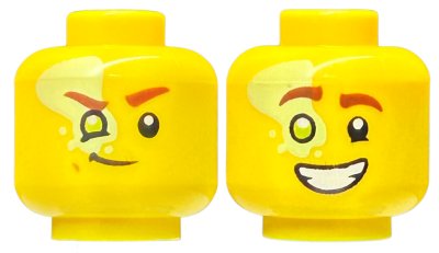 LEGO part Minifigure, Head Dual Sided Reddish Brown Eyebrows, Lime Right Eye with Yellowish Green Splotch, Smirk / Open Mouth Smile with Teeth Pattern - Vented Stud (3626pb3431)