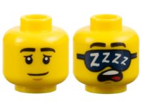LEGO part Minifigure, Head Dual Sided Black Eyebrows, Medium Nougat Chin Dimple, Neutral with Eyelids / Sleeping with Open Mouth, Dark Blue Sleep Mask with White 'ZZZZ' Pattern - Vented Stud 3626pb3476