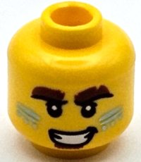 LEGO part Minifigure, Head Dark Brown Bushy Eyebrows and Soul Patch, Metallic Light Blue Lines and Dots on Cheeks, Open Mouth Smile with Teeth Pattern - Vented Stud 3626pb3488
