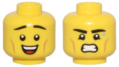 LEGO part Minifigure, Head Dual Sided Thin Black Eyebrows, Medium Nougat Cheek Lines, and Open Mouth Smile / Sweat Drop, Grimace Pattern - Vented Stud (3626pb3508)