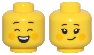 LEGO part Minifigure, Head Dual Sided Female Black Eyebrows, Bright Light Orange Cheek Spots, Closed Eyes, Open Mouth Smile / Closed Mouth Smile Pattern - Vented Stud (3626pb3509)