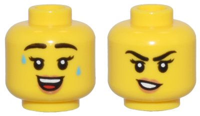 LEGO onderdeel Minifigure, Head Dual Sided Female Black Eyebrows and Eyelashes, Medium Nougat Lips, Sweat Drops and Open Mouth Smile / Crooked Mouth Pattern - Vented Stud (3626pb3510)