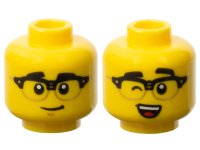 LEGO part Minifigure, Head Dual Sided, Black Eyebrows and Horn Rimmed Glasses, Grin / Wink with Open Mouth, White Teeth and Red Tongue Pattern - Vented Stud 3626pb3516