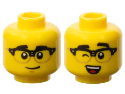 LEGO part Minifigure, Head Dual Sided, Black Eyebrows and Horn Rimmed Glasses, Grin / Wink with Open Mouth, White Teeth and Red Tongue Pattern - Vented Stud (3626pb3516)