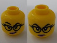 LEGO part Minifigure, Head Dual Sided Female Black Eyebrows and Glasses, Medium Lavender Lips, Lopsided Grin / Stern Pattern - Vented Stud 3626pb3521