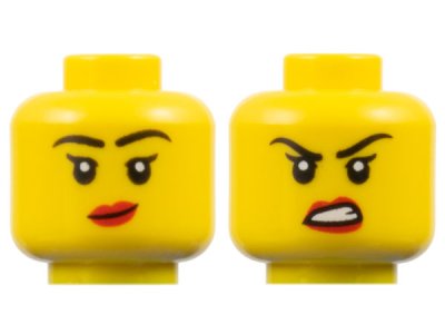 LEGO part Minifigure, Head Dual Sided Female Black Eyebrows and Single Eyelashes, Red Lips, Lopsided Grin / Scowl Pattern - Vented Stud (3626pb3578)