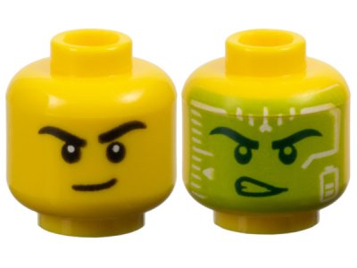LEGO part Minifigure, Head Dual Sided Black Eyebrows and Lopsided Grin / Dark Green Eyebrows, Eyes, and Determined Open Mouth with Teeth, Lime and White Head-Up Display (HUD) Pattern - Vented Stud (3626pb3581)