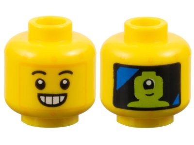 LEGO part Minifigure, Head Robot Black Eyebrows, Open Smile with Teeth, Bright Light Orange Rivets, Panel with Blue Streaks and Lime Alien Pilot on Back Pattern - Vented Stud (3626pb3583)