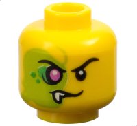 LEGO part Minifigure, Head Alien Black Eyebrows, Evil Grin Left, Lime Face with Magenta Eye, Bright Green Scales, and White Fang Right Pattern - Vented Stud 3626pb3587