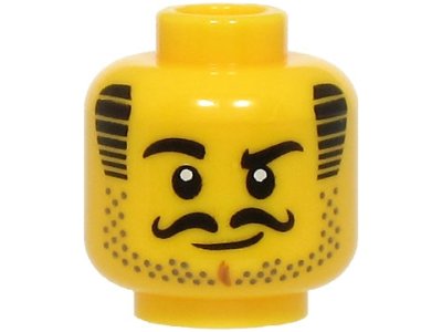 LEGO part Minifigure, Head Black Eyebrows, Curly Moustache, and Striped Sideburns, Dark Tan Stubble, Medium Nougat Chin Dimple, Grin Pattern - Vented Stud (3626pb3600)