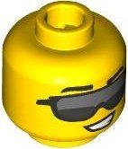 LEGO part Minifigure, Head Black Eyebrows, Dark Bluish Gray and Dark Silver Sunglasses, Lopsided Open Mouth Smile with Teeth Pattern - Vented Stud 3626pb3638