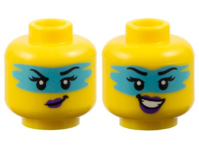 LEGO part Minifigure, Head Dual Sided Female Black Eyebrows, Eyelashes, Medium Azure Face Paint, Dark Purple Lips, Lopsided Grin / Open Mouth Smile with Teeth Pattern - Vented Stud (3626pb3641)