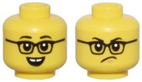LEGO part Minifigure, Head Dual Sided Black Eyebrows, Glasses, Open Mouth Smile with Gap Teeth / Angry Frown and Chin Dimple Pattern - Vented Stud 3626pb3660