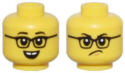 LEGO part Minifigure, Head Dual Sided Black Eyebrows, Glasses, Open Mouth Smile with Gap Teeth / Angry Frown and Chin Dimple Pattern - Vented Stud (3626pb3660)