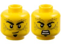 LEGO part Minifigure, Head Dual Sided Black Eyebrows, Soul Patch, Olive Green Spots and Lines, Lopsided Grin / Open Mouth Scowl with Teeth Pattern - Vented Stud 3626pb3682