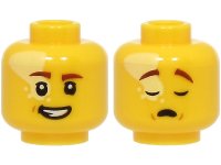 LEGO part Minifigure, Head Dual Sided Reddish Brown Eyebrows, Bright Light Yellow Splotch, Open Mouth Smile with Teeth / Sleeping Pattern - Vented Stud (BAM) 3626pb3684