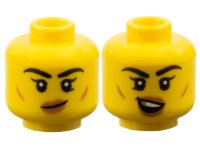 LEGO onderdeel Minifigure, Head Dual Sided Female Black Thick Eyebrows, Single Eyelashes, Lower Eyelid, Medium Nougat Small Cheek Lines and Lips, Lopsided Grin / Open Mouth Smile with Top Teeth and Gold Tooth Pattern - Vented Stud 3626pb3772