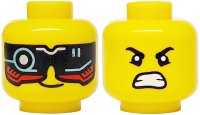 LEGO part Minifigure, Head Dual Sided Black and Red Visor with Silver and Metallic Light Blue Circuitry, Lopsided Smile / Black Eyebrows, Angry Open Mouth with Bared Teeth Pattern 3626pb3802