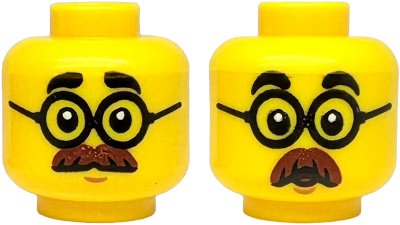 LEGO part Minifigure, Head Dual Sided Black Thick Eyebrows, Round Glasses, Reddish Brown Moustache, Medium Nougat Chin Dimple, Neutral / Surprised Open Mouth Pattern (3626pb3890)