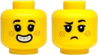 LEGO part Minifigure, Head Dual Sided Child Black Eyebrows and Eyelashes, Nougat Freckles, Open Mouth Smile with Teeth and Silver Braces / Frown Pattern 3626pb3891